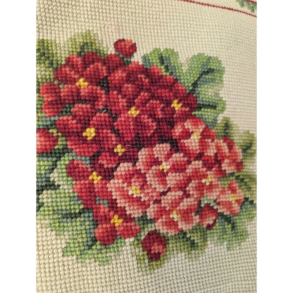 VTG Wool Needlepoint Petit Point Embroidered Floral Pillow Handmade Hydrangea 11